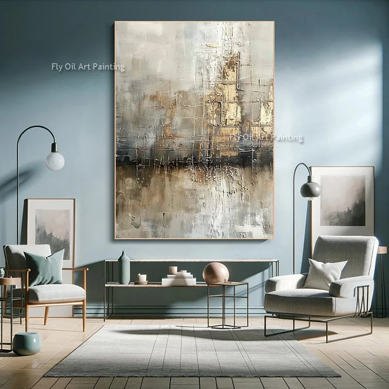 Original Impasto Abstract City Oil Painting, Handpainted Neutral Metallic Relief Art, Tall Canvas Wall Hanging