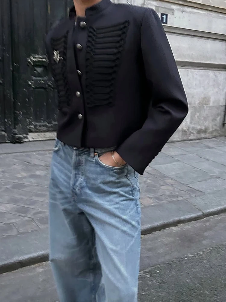 Retro Denim Napoleon Military Jacket Women Vintage Stand Collar
