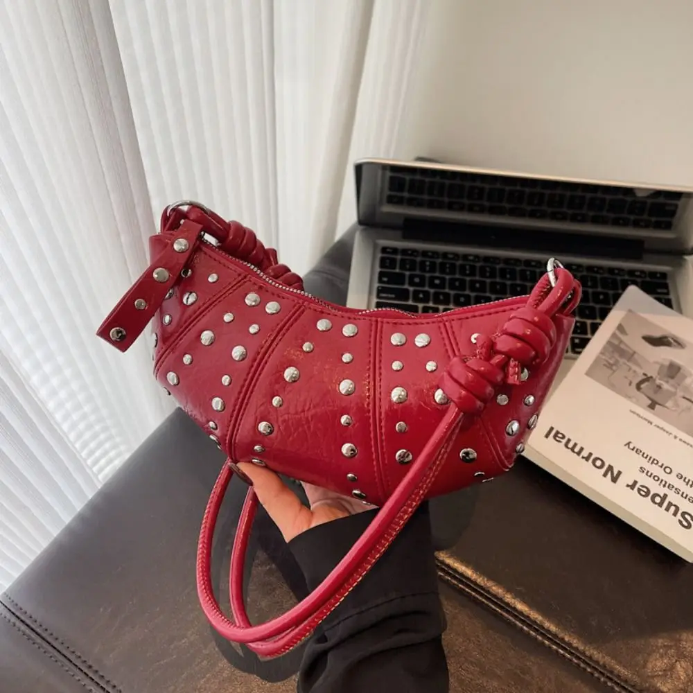 

Сумка через плечо с круассаном, коричневая маленькая сумка с заклепками, сумка для пельменей из искусственной кожи, однотонные сумки в корейском стиле в стиле панк