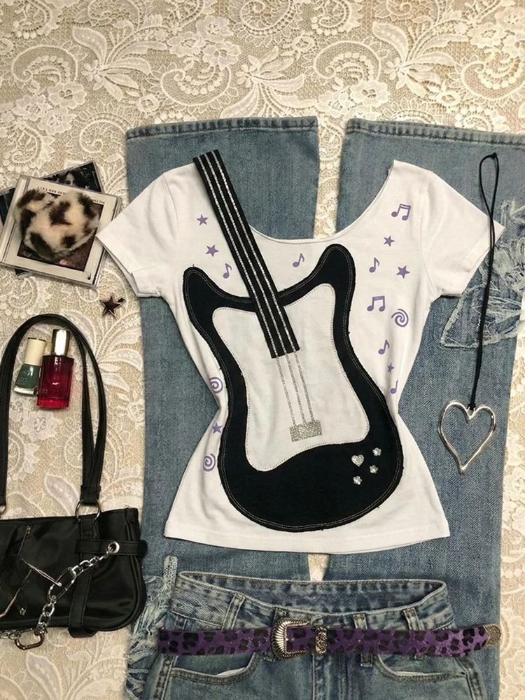 American Retro T-shirt White Guitar Print Music Note Star Short Sleeve Slim Fit Rhinestone Detail Women Wear Street Style Trendy