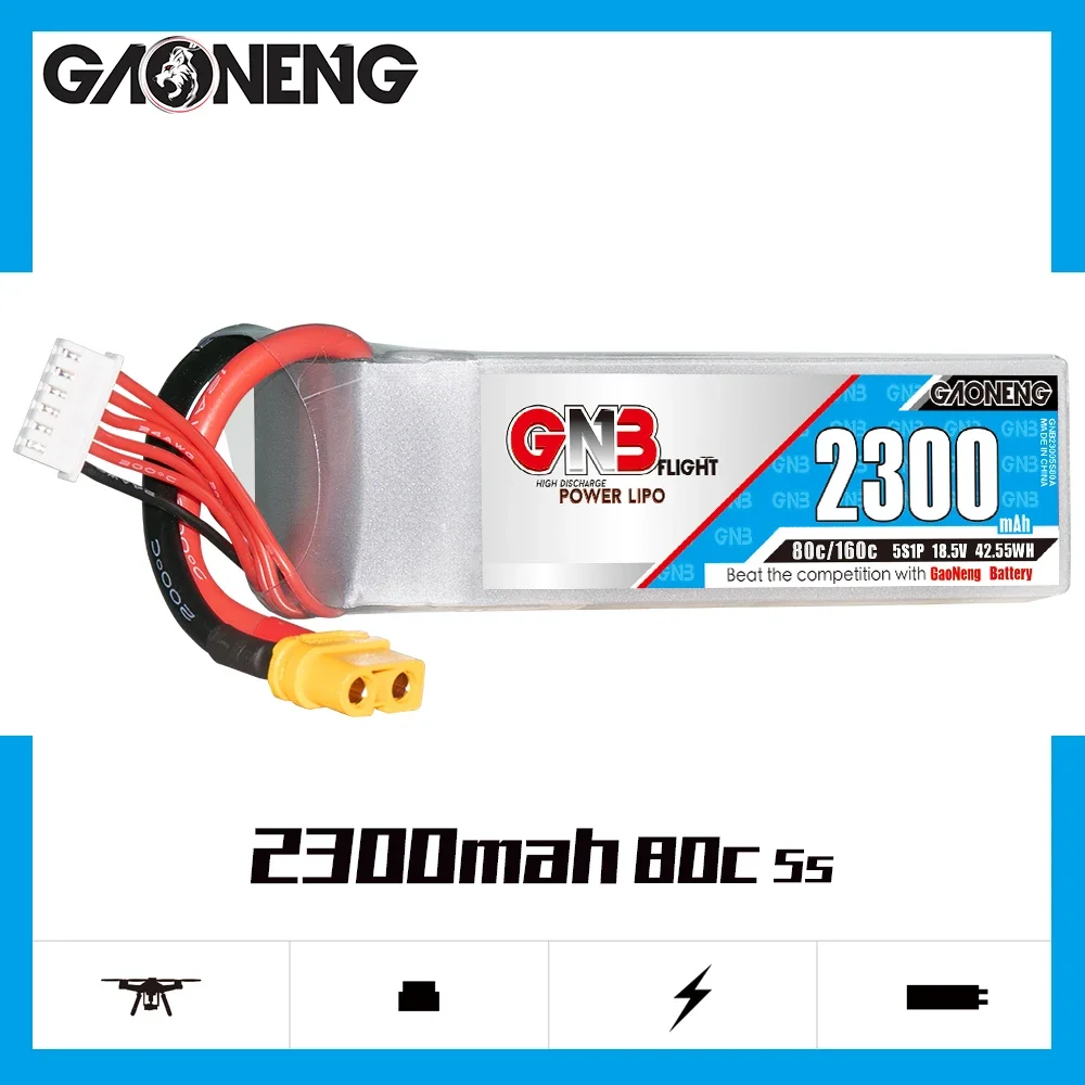 

GAONENG GNB 2300mAh 5S 80C 160C 18.5V XT60 LiPo Battery 250-330mm Brushless Drone Blade Scimitar LRX Quad Align RC Plane