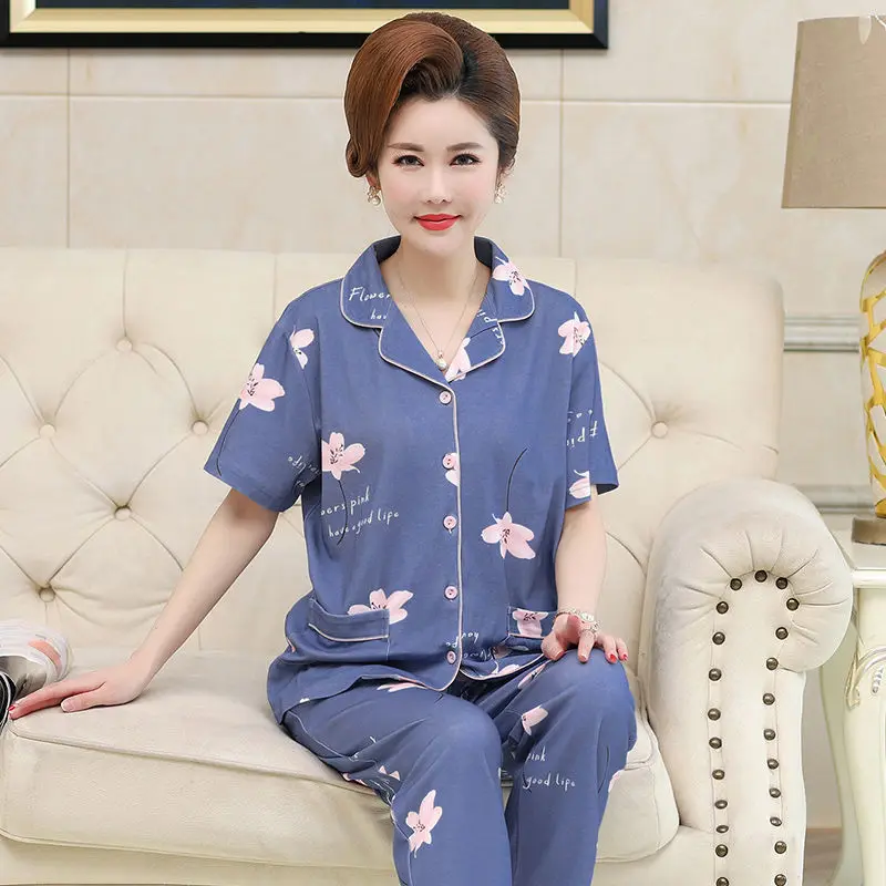 Zomer Dames Pak Cardigan Pijama Feminino Print Nachtkleding Van Middelbare Leeftijd Tweedelige Katoenen Pyjama Set Thuiskleding