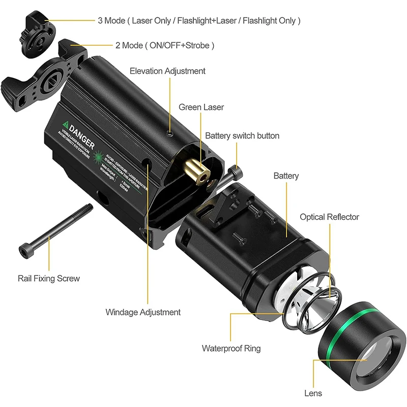 1000 Lumen Weapon Light Flashlight Green/Red Laser Light Combo LED with Picatinny Rail Mount for Pistol Rifle Rechargeable