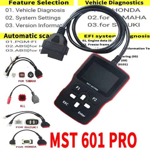 MST 601 PRO 6IN1 오토바이 스캐너 obd2 코드 리더 자동차 진단 도구는 Yamaha MST-601 Pro 용 Honda 용 Suzuki에 적합합니다. MST 601 PRO 6IN1 오토바이 스캐너 obd2 코드 리더 자동차 진단 도구는 Yamaha MST-601 Pro 용 Honda 용 Suzuki에 적합합니다.
