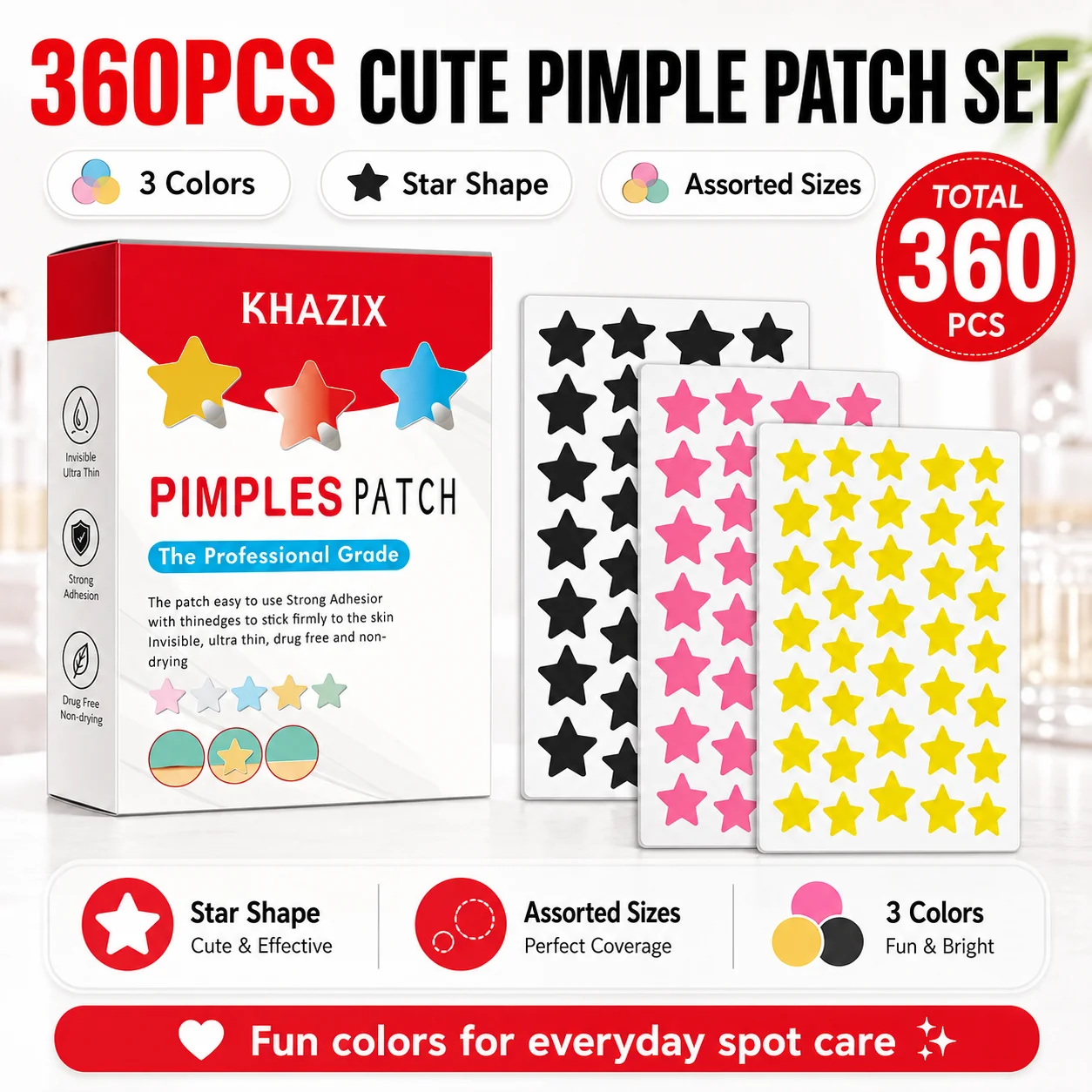 360PCS Star Shape Acne Patches Cute Hydrocolloid Blemish Stickers Invisible Pimple Cover for Face Day Night Care