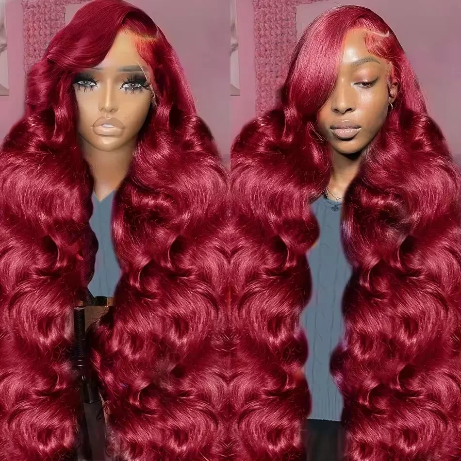 34Inch 99J Burgundy Lace Front Wig Human Hair 13X4 Body Wave Red Colored Lace Frontal Human Hair Wigs For Women Red Wig