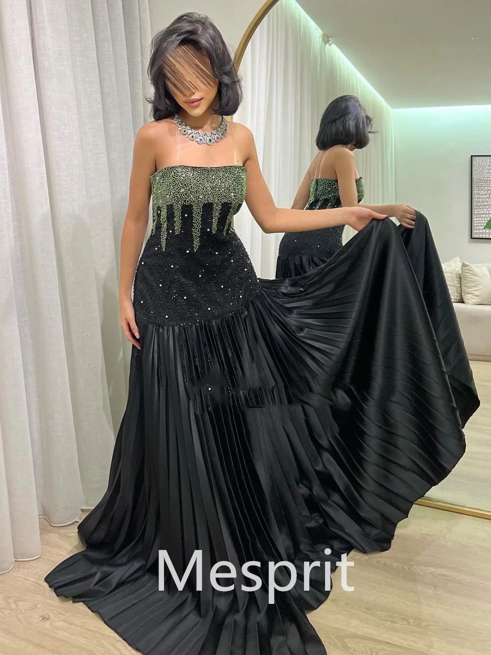 Customized Evening Satin Draped Pleat Sequined Cocktail Party A-line Strapless Bespoke Occasion Gown Long Dresses Saudi Arabia