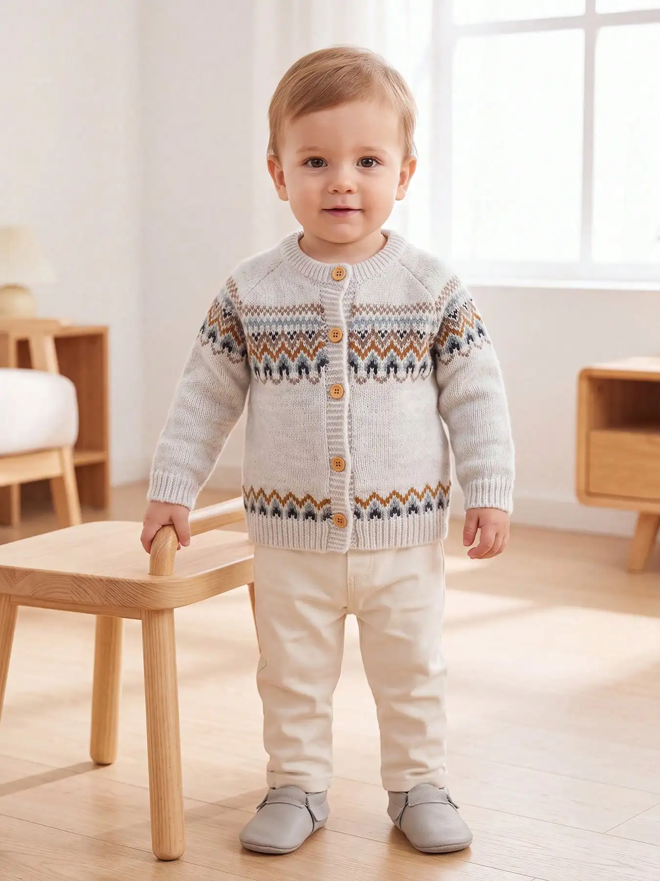 Baby Retro Wave-Patterned Solid Color Knitted Sweater Cardigan, Suitable for Everyday Wear at Home or for Going Out to Parties during Autumn and Winter
