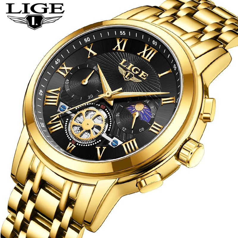New LIGE Ladies Wristwatch Luxury Waterproof Luminous Gold Watch For Women Dress Stainless Steel Quartz Women\'s Watches+Box