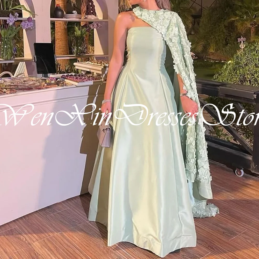 Elegant Luxury Evening Dress 2024 One Shoulder Strapless 3D Flowers Shawl Sleeveless Sweep Train Bespoke Occasion Gowns Saudi