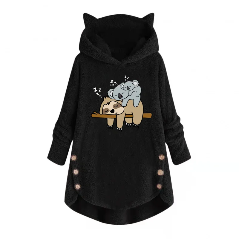 

2025 Hot-Selling Plush Mid-Length Sweatshirt Long Sleeve Printed Cat Ear Pullover Double-Breasted Sweatshirt