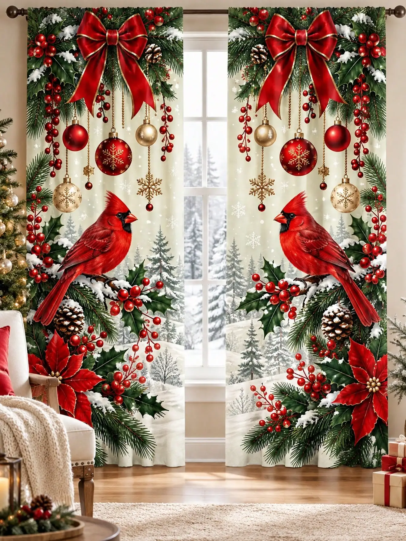 Christmas Window Curtains Festive Holiday Scene Red Bird Garland Curtain Panels for Living Room Decor
