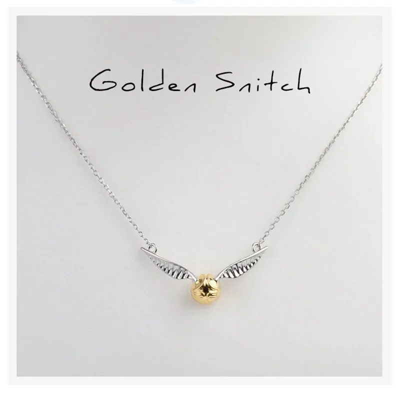 100% 925 Pure Silver Golden Snitch Pendant Necklace The Deathly Hallows Wing Charm Quidditch Gold Color Snitch Necklace