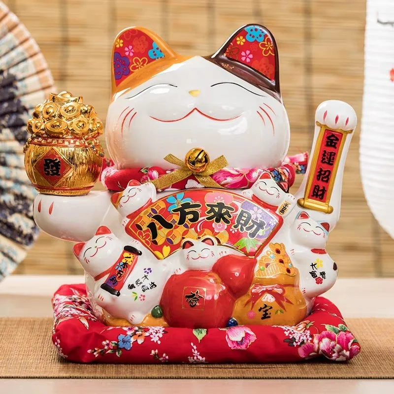 7 Inch Lucky Cat Decoration Feng Shui Fortune Cat Ceramic Electric Wave Hand Treasure Shop Gift Good Luck Home Festive Craft