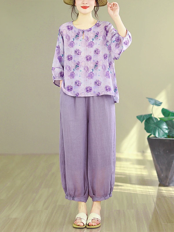 

Cotton Print Loose Fit Two-Piece Set Ethnic Style Harlan Pants Slimming Top Comfortable Breathable Casual Fashion