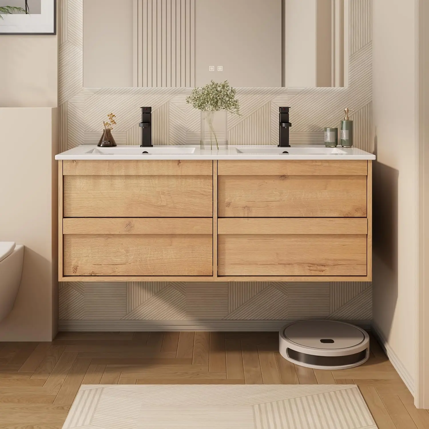 

48" Floating Vanity Sink Wall Mounted Cabinet 4 Drawers Faucet Drain Natural Customized