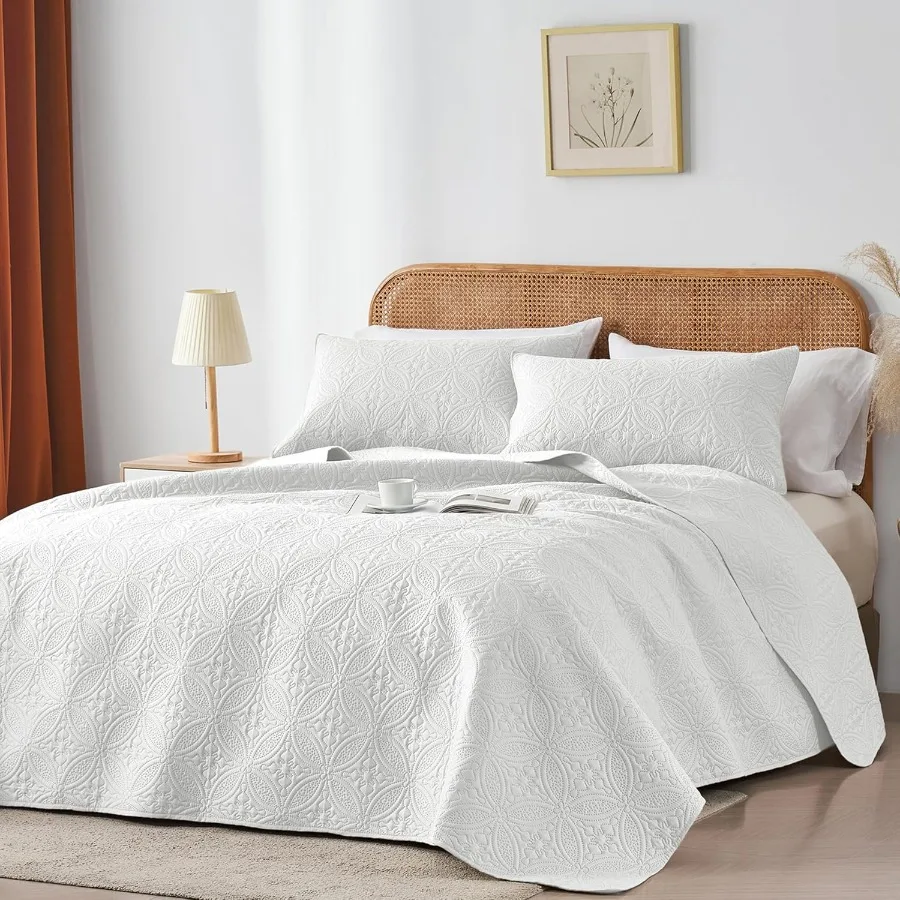 풀 퀸 퀼트 세트 화이트 마이크로파이버 경량 침대보 사계절용 초음파 엠보싱 솔리드 커버렛 부드러운 촉감