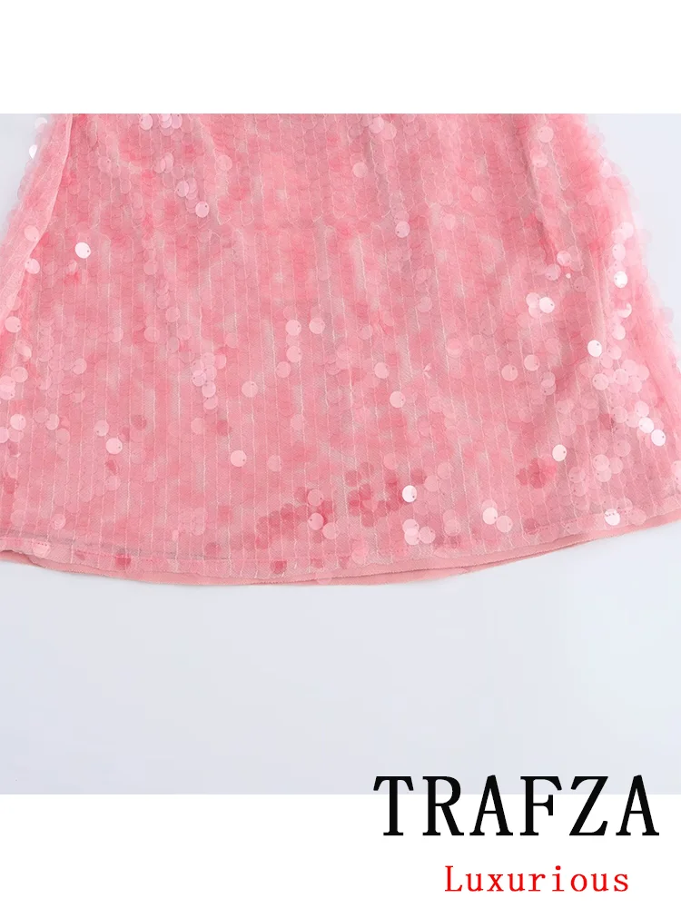 TRAFZA Sexy Chic Pink Women Mini Party Dress Halter Sequined Sleeveless Bow Shiny Dress Fashion 2024 Autumn Evening Club Dress