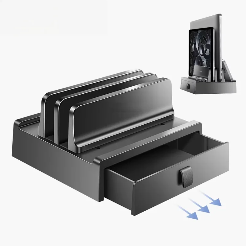 Vertical Laptop Stand with Drawer, Dual Slots Plastic Laptop Holder with Space Saving 4-in-1 Design, Adjustable Laptop