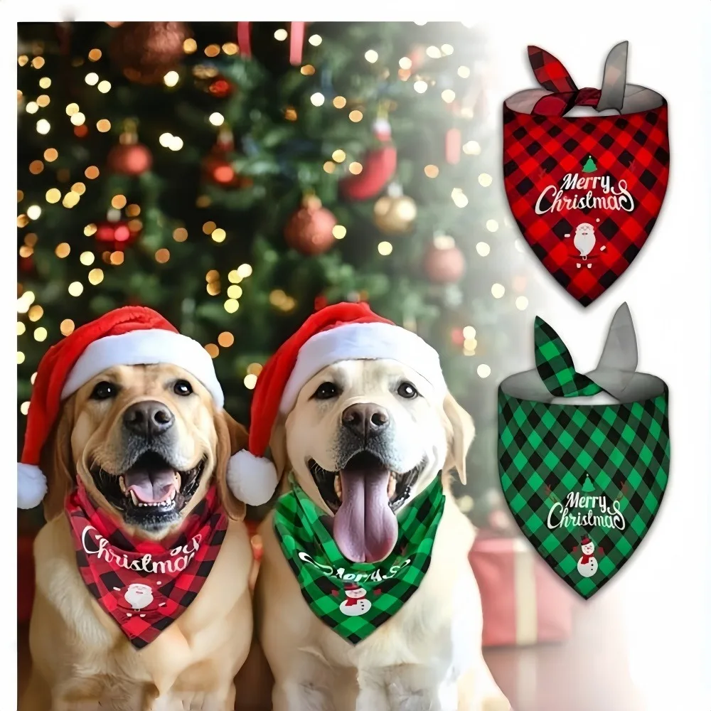 Christmas themed pet triangle, plaid holiday scarf with adjustable tie up pet collar, holiday party dog and cat accessories