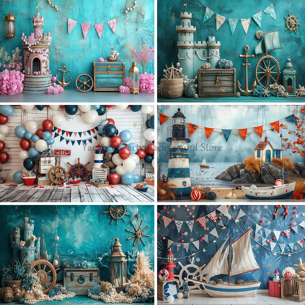 

Baby 1st Birthday Backdrop for Photography Helmsman Sailing Crew Sailor Balloons Decor Banner Kids Cake Smash Party Background