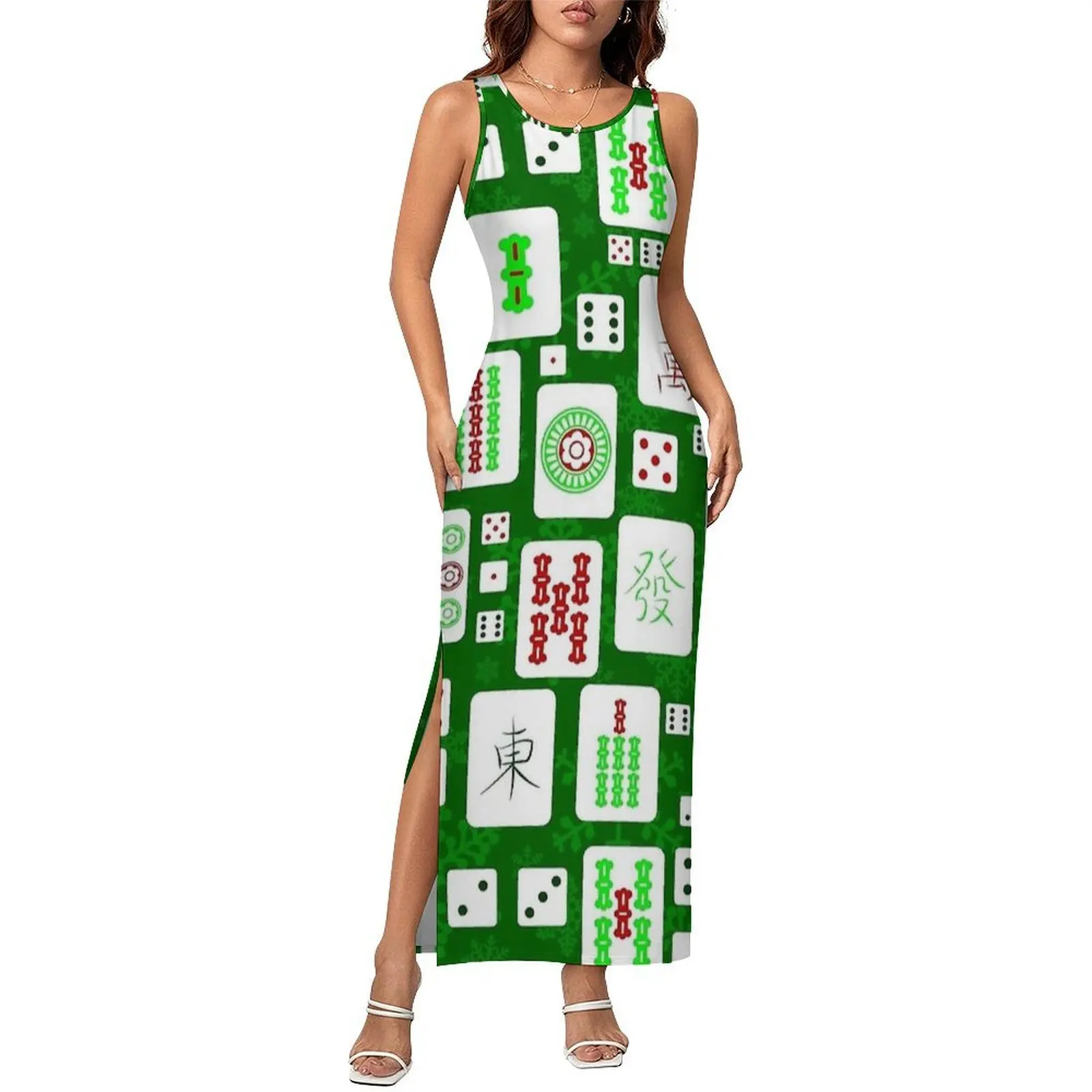 Green Christmas Mahjong Chinese Tiles Game Dress Korean Fashion Maxi Dresses Casual Bodycon Dress Women Custom Oversized Clothes