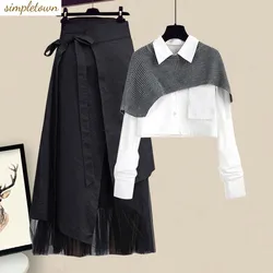 Big size women's autumn and winter set fashion shirt+shawl vest+slim fit skirt three piece set trendy