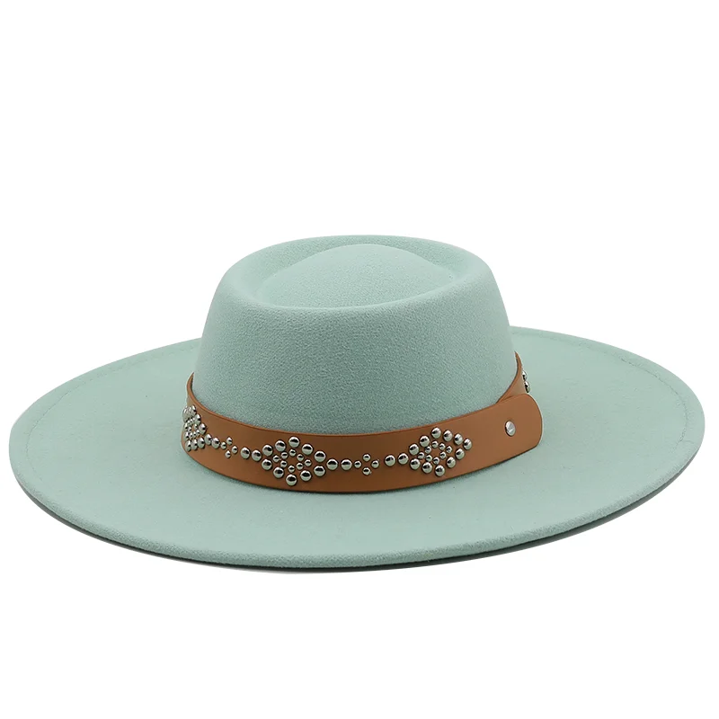 Classic Big Wide Brim 9.5CM Church Derby Flat Top Hat Solid Wool Felt Fedoras Hat Party Gambler Jazz Cap