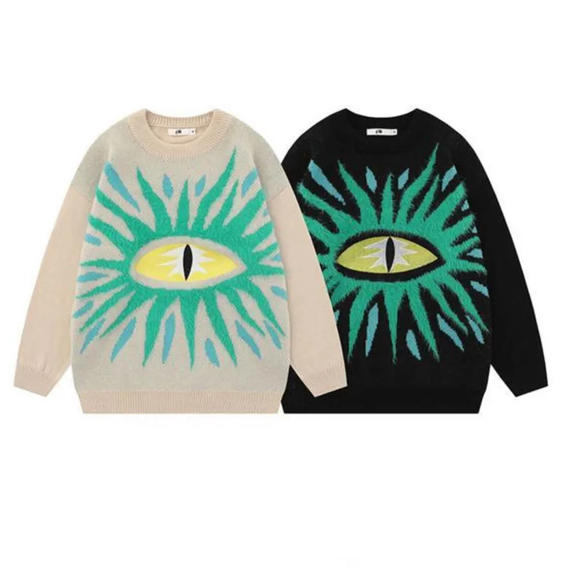 From Mars World Eye Design Fun Jacquard Round Neck Sweater Men's and Women's Loose Versatile Knit fashion tops harajuku clothing