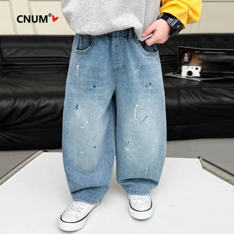 CNUM Boys' Jeans 2026 Spring New Children's Stylish Splatter Paint Scimitar Loose Fit Fashion Pants