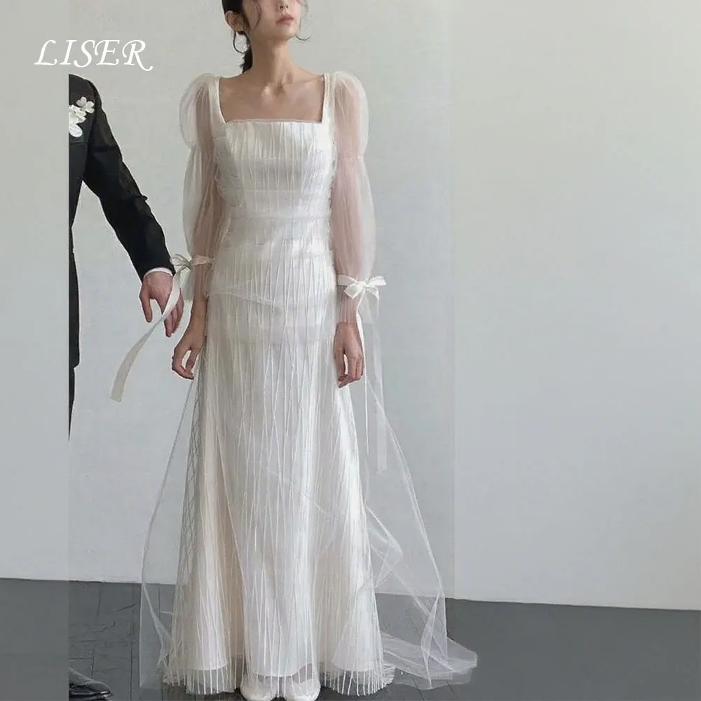 Liser Ivory Fairy Long Korea Wedding Dresses Square Collar Long Sleeves Lady Photoshoot Bridal Gowns Customized 웨딩드레스