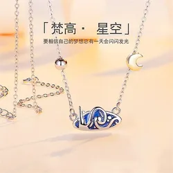 New Creative Van Gogh Star Personality 925 Sterling Silver Jewelry Blue Epoxy Gold Moon Cloud Clavicle Chain Necklaces XL124