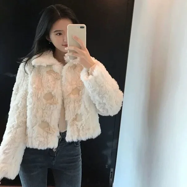 Jackets Women Faux Fur Lamb Wool Coat Outerwear Horn Button Turn Down Collar Thick Warm Fluffy Female Shaggy Overcoat Winter
