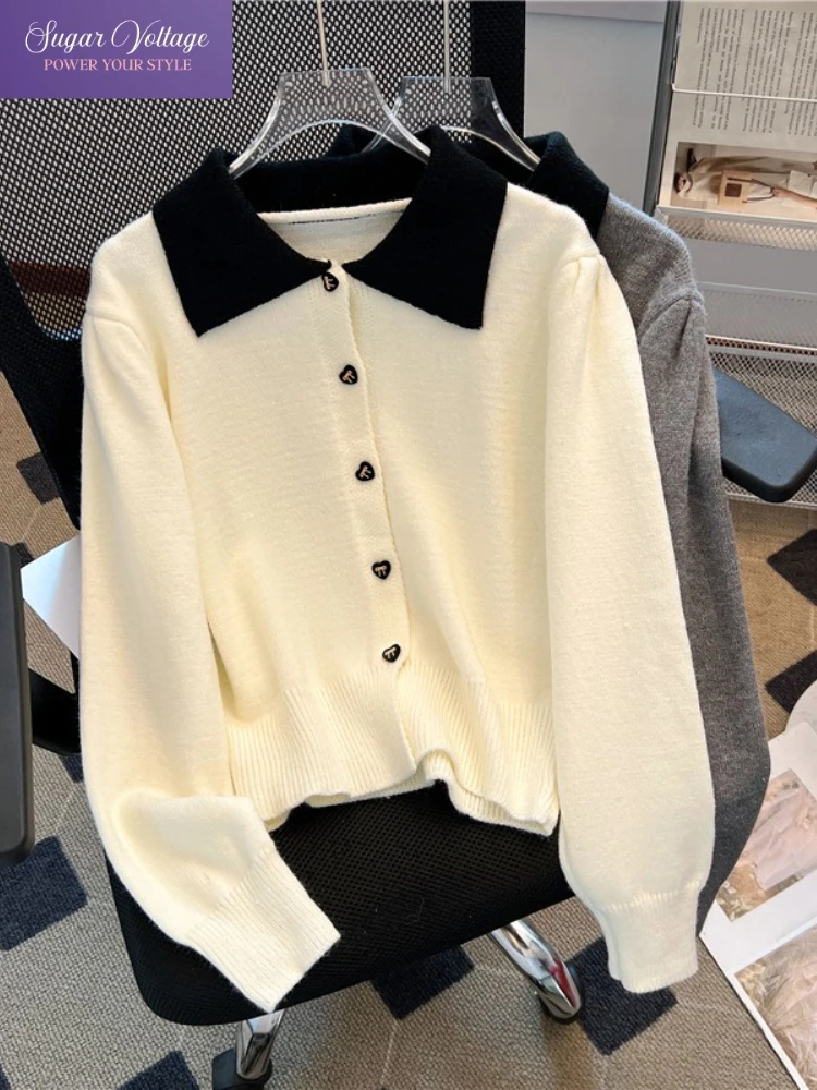 

Винтажный модный вязаный кардиган, женский зимний короткий свитер, куртка с цветными блоками, дизайн с лацканами и пуговицами, ретро-шикарный стильный корейский наряд