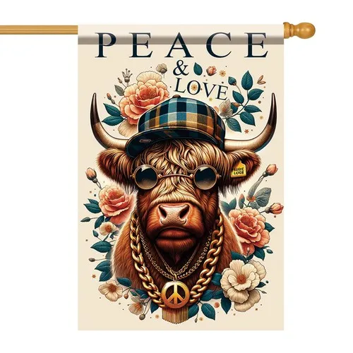 Peace Love Highland Cow House Flag 28x40 Inch Funny Double Sided Buffalo Gard... AAV hhz