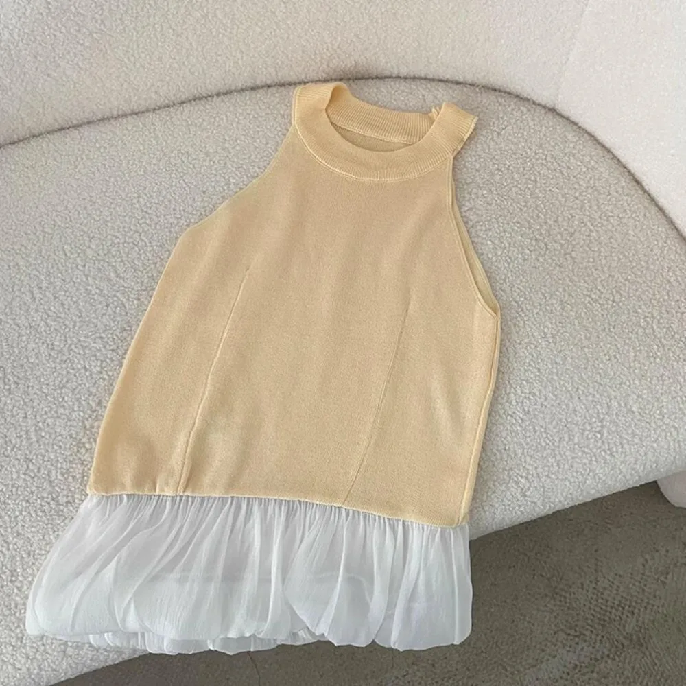 

Ins Style Slim Fit Sleeveless Crop Top Spicy Girl Style Irregular Halter Camisole Women Vest Mesh Ruffle Camisole Streetwear