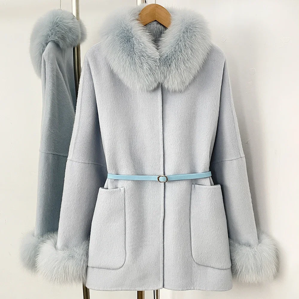 OFTBUY Neue Herbst-Winter-Wollkleidung für Damen mit Echtfuchs-Pelzmanschetten und -Kragen, 100% Wollmantel, Damenjacke mit Naturpelztaschen – Detail 10