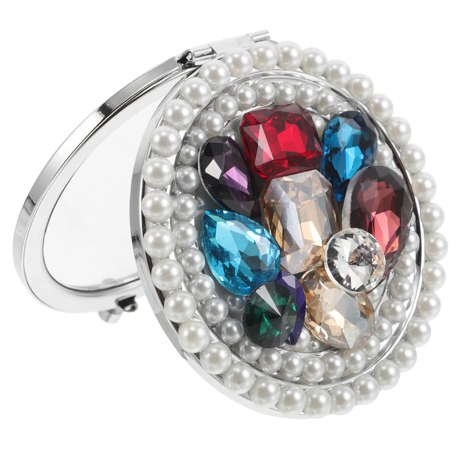 Espelho de bolso portátil strass design dupla face ampliação metal compacto viagem maquiagem bolsa acessório