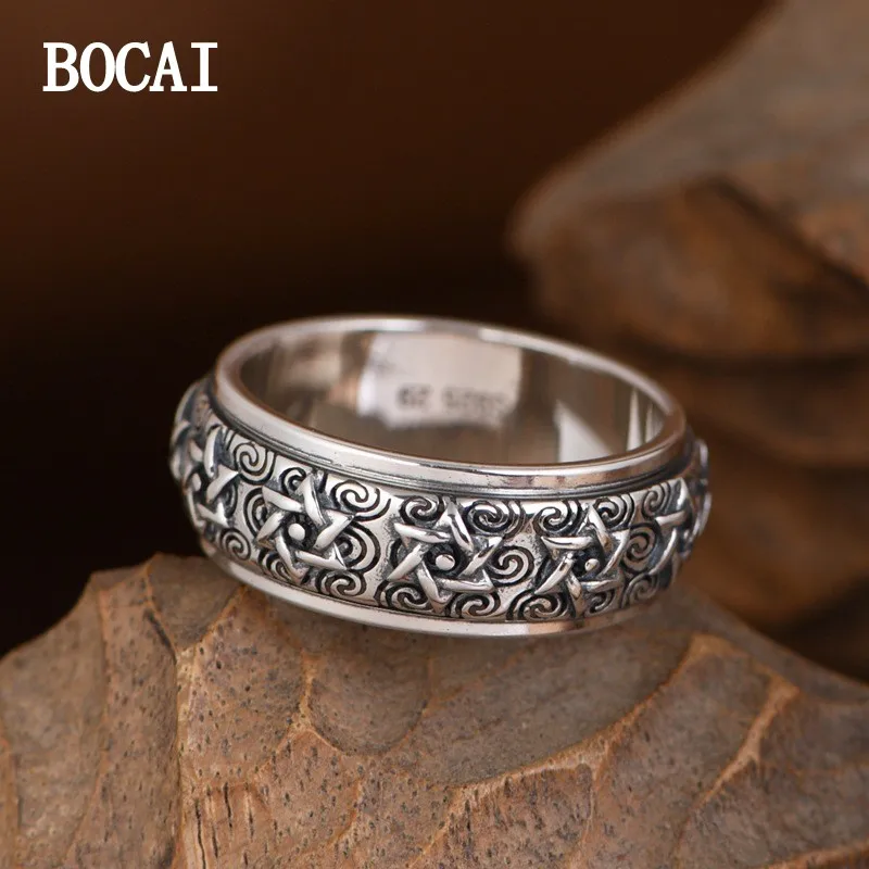 

10.5~15.7G BOCAI NEW Real S925 Silver Jewelry Good Luck Rotating Six Pointed Star Men's Ring Fashionable Gift Free Shipping