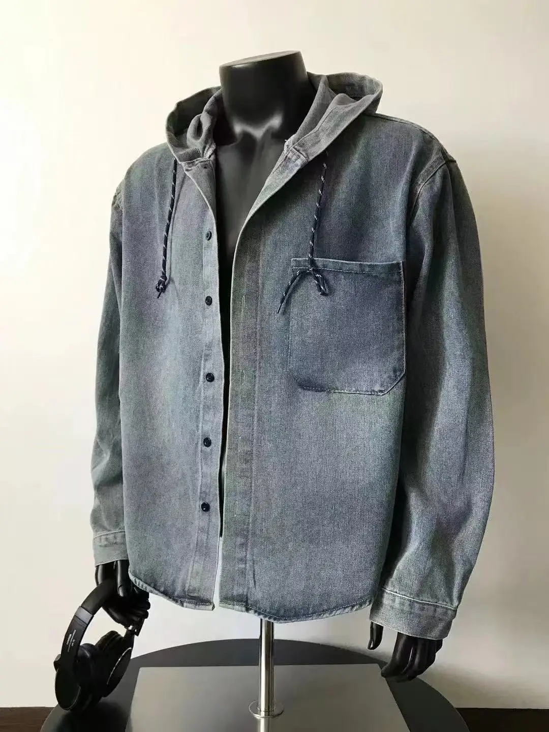 

Мужская джинсовая куртка с капюшоном American High Street, повседневная брендовая осенняя куртка свободного покроя, открытый кардиган, пальто, чистый цвет