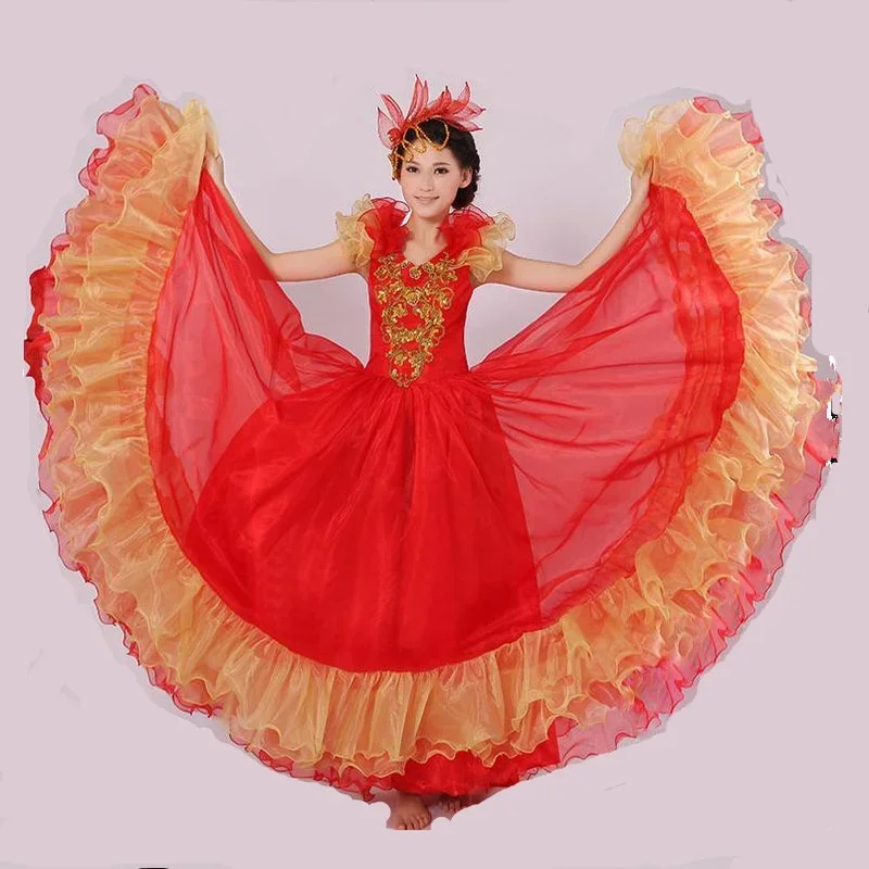 Vestido de Dança do Ventre Espanhol para Mulher, 360 Graus, Robe Longo, Vestidos Flamenco Falda, Performance de Palco, Vermelho