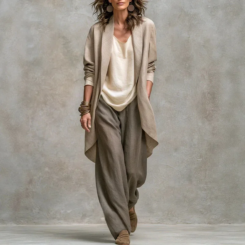 New Women Lightweight 3 Piece Outfit Open Front Long Coat + Top + Wide Leg Pants Set Casual Office Autumn Bohemian Matching Suit