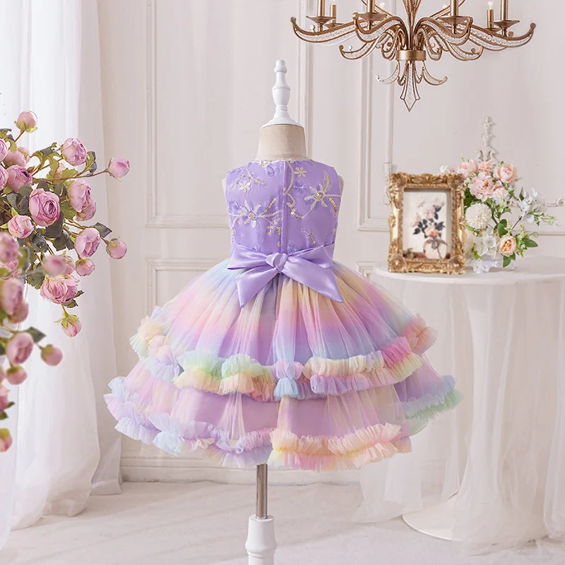 HETISO Baby Girls Sleeveless Flower Dress Rainbow Birthday Princess Ball Gown Kids Costume for 1-7 Years Children