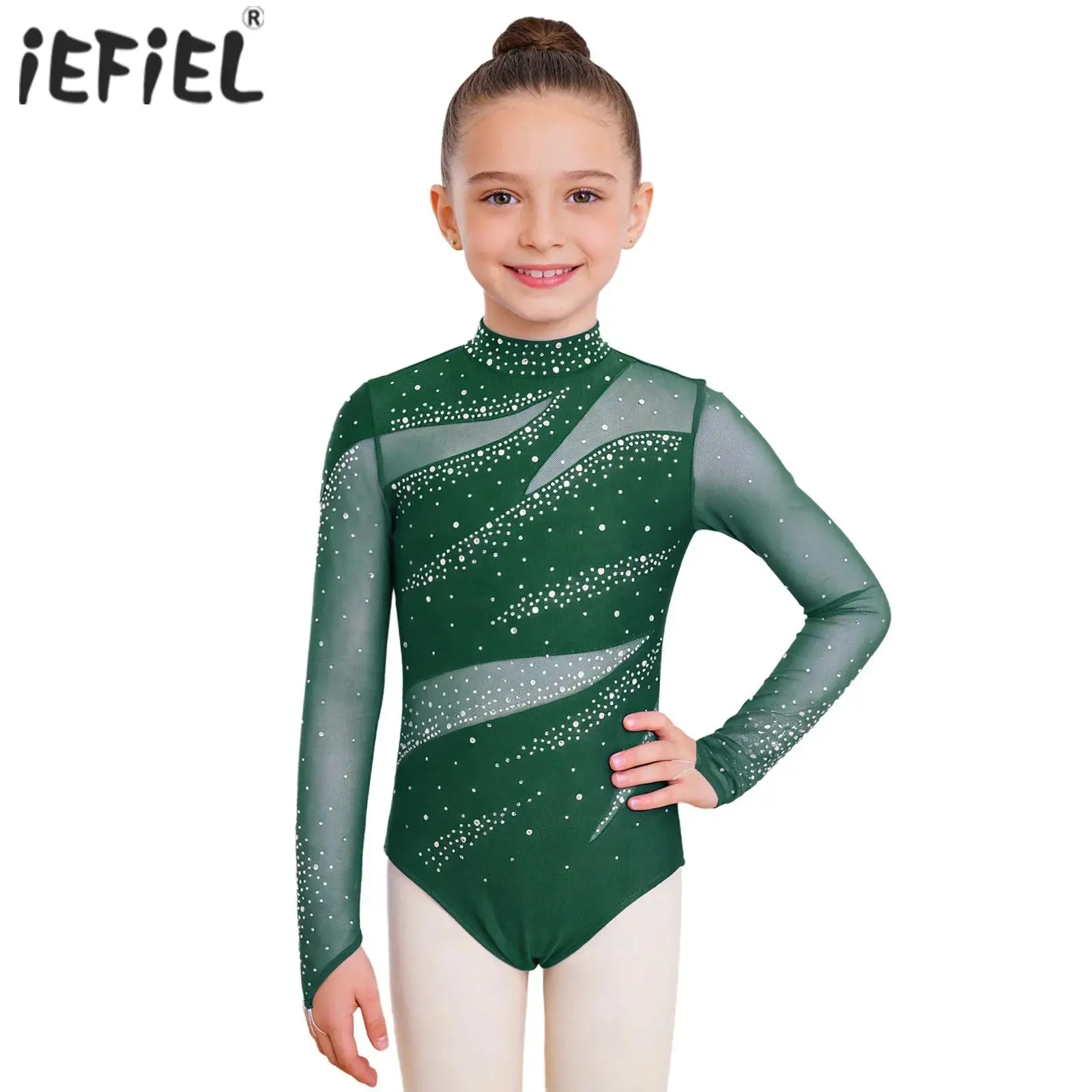 

Детские гимнастические купальники для девочек, балетные костюмы для фигурного катания и танцев, сетчатые блестящие боди со стразами