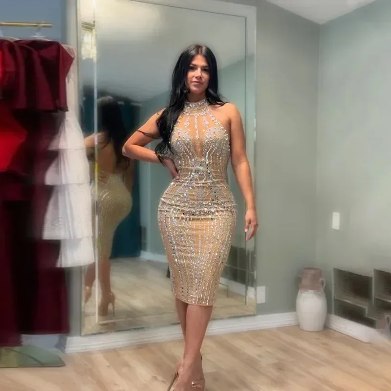 GUWU Halter Hot Strass Bodycon Minikleid Herbst Winter Frauen Diamanten Sexy Rückenfrei Party Club Abend Geburtstag Kleider