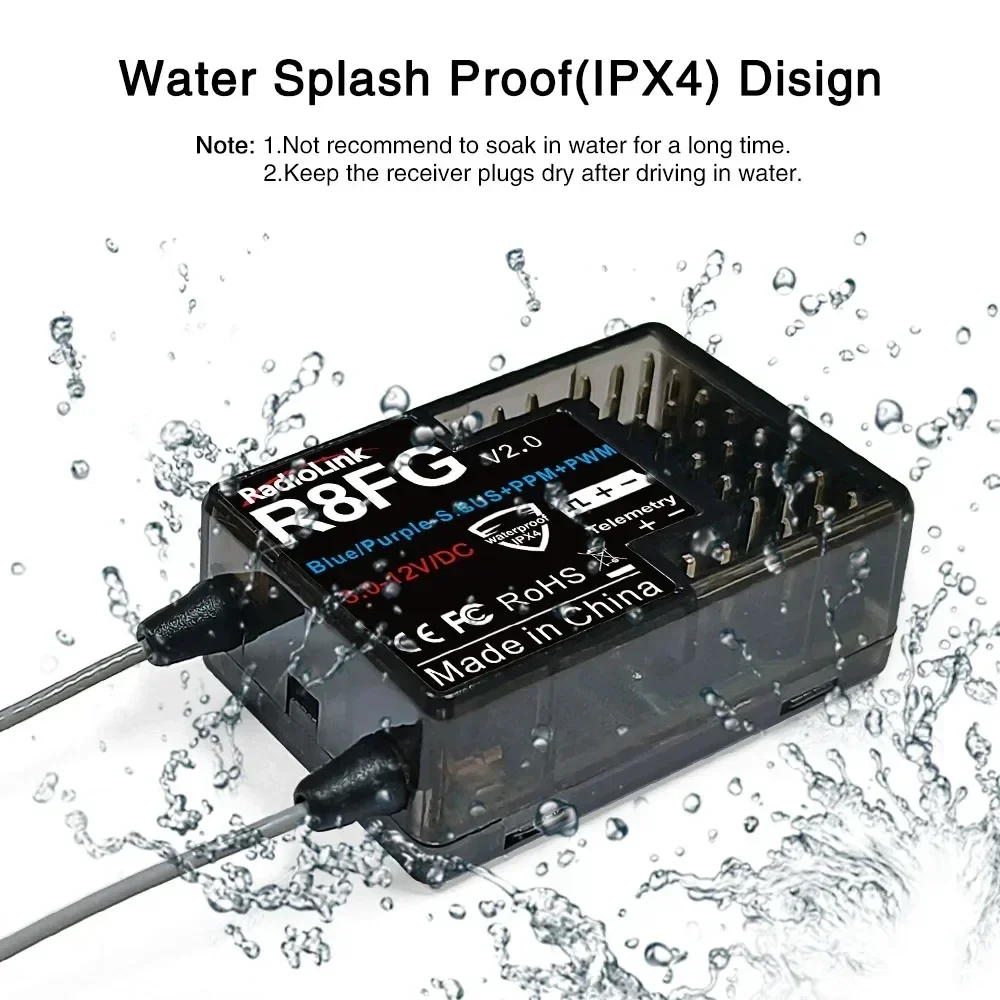 Radiolink R8FG Receptor giroscópico RC de 8 canales 2,4G: antena dual, retorno de voltaje, alcance de 600 m para transmisores de automóviles y barcos