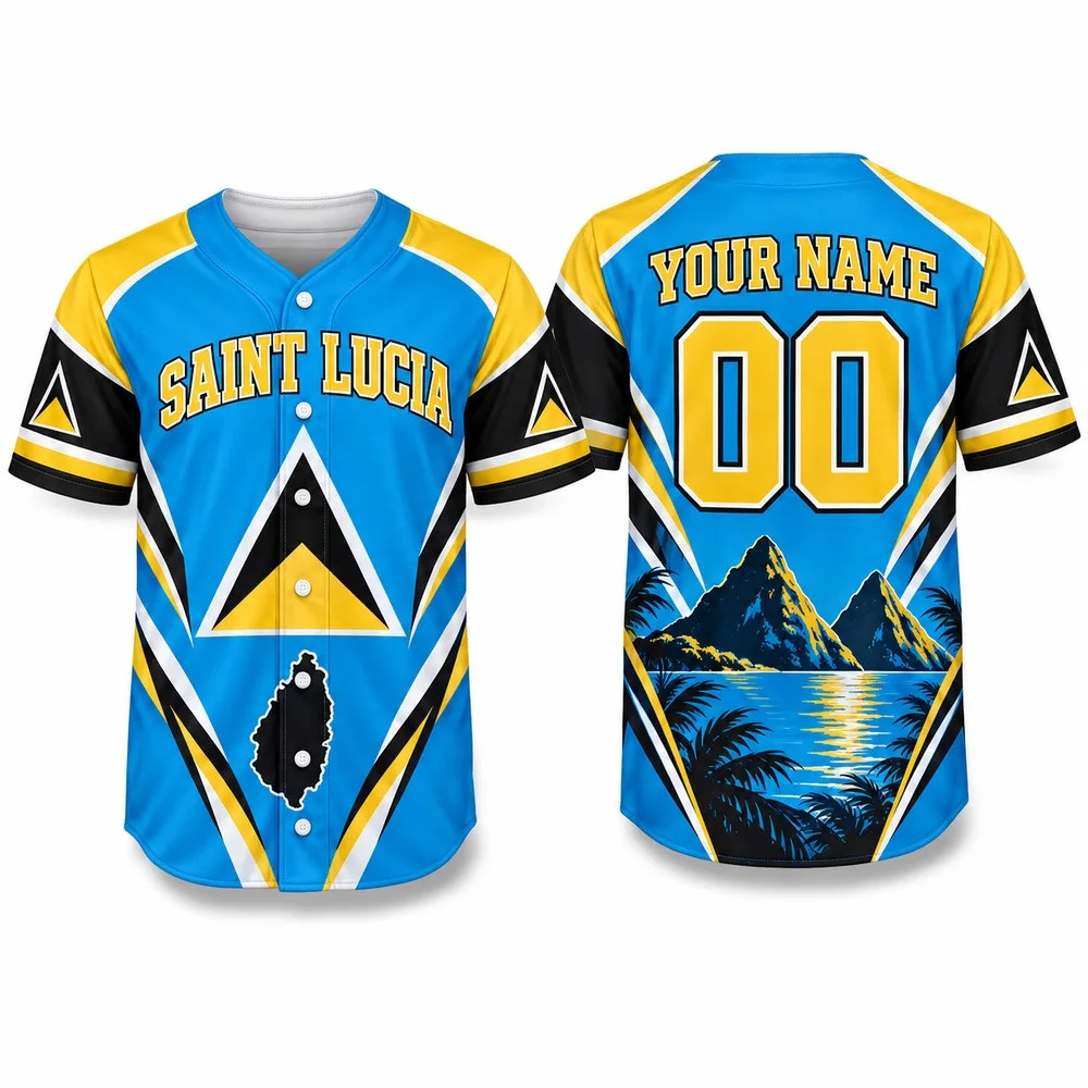 Pitons Inspired Saint Lucia Baseball Jersey Custom Name Jerseys Shirt with Caribbean Landscapes and Sky Blue Gold Shirts