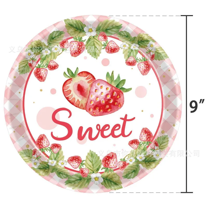 Pink Watercolor Strawberry Party Supplies Disposable Tableware Birthday Decorations Fruit Theme Celebration Dinnerware