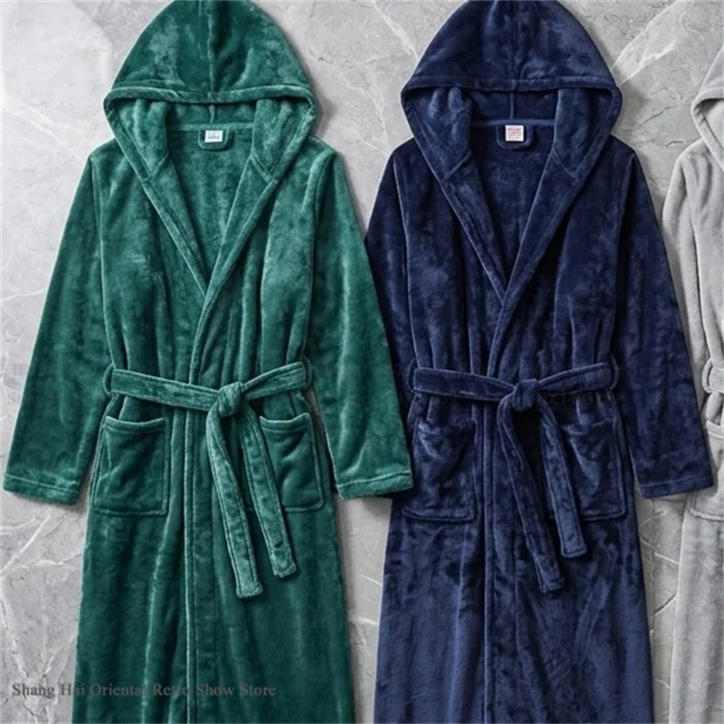 Autumn Winter New Men's Robe Kimono Gown Homewear Thicken Flannel Bathrobe Loungewear Coral Fleece Hooded Loungewear Pajama
