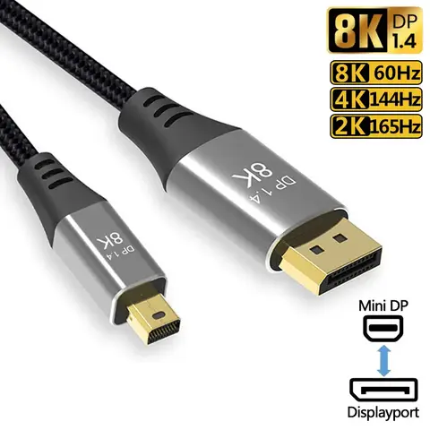 Mini DP To DP Cable 8K 60Hz 4K 144Hz 2K 165Hz  Displayport Male to Male MDP Display port 1.4 Cables For Laptop Projector Monitor